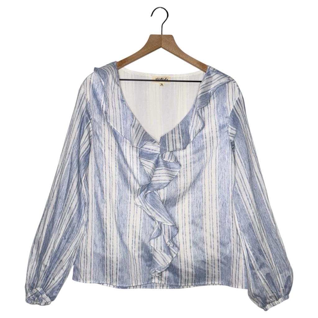 Listicle Blue And White Striped Ruffle Blouse Lightweight Long Sleeve V Neck